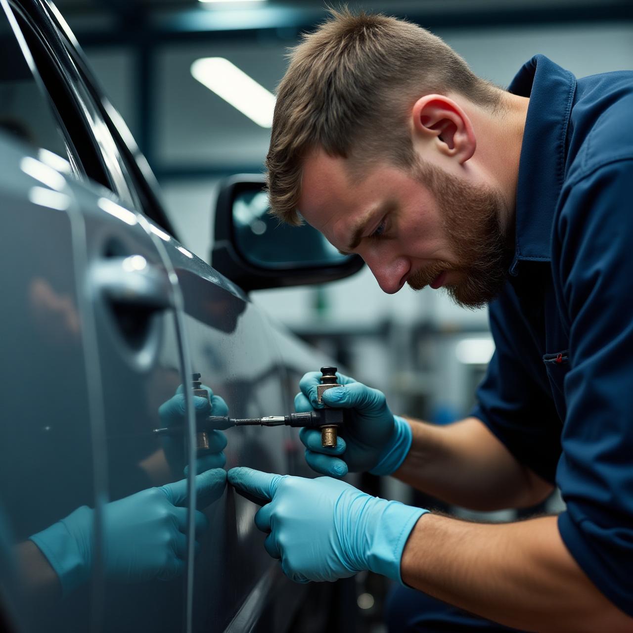 Técnico reparando pintura de auto